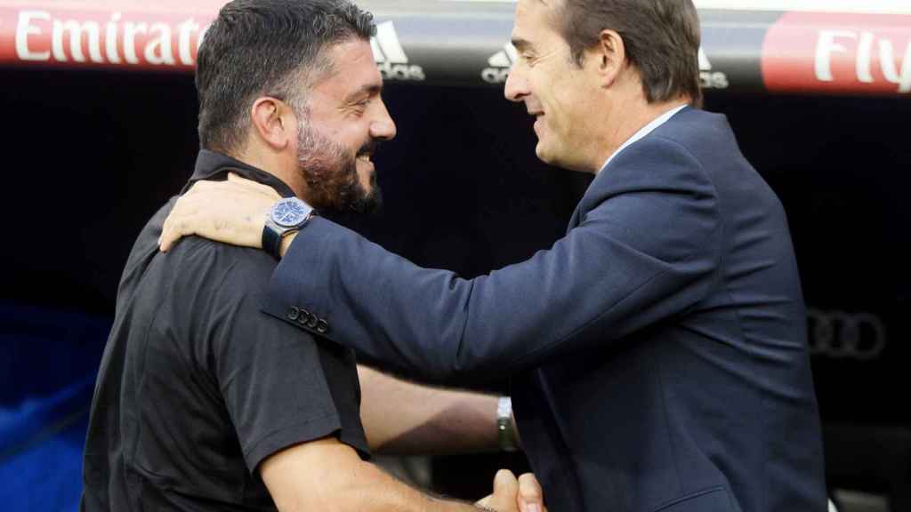 Lopetegui saluda a Gattuso durante el Trofeo Santiago Bernabéu