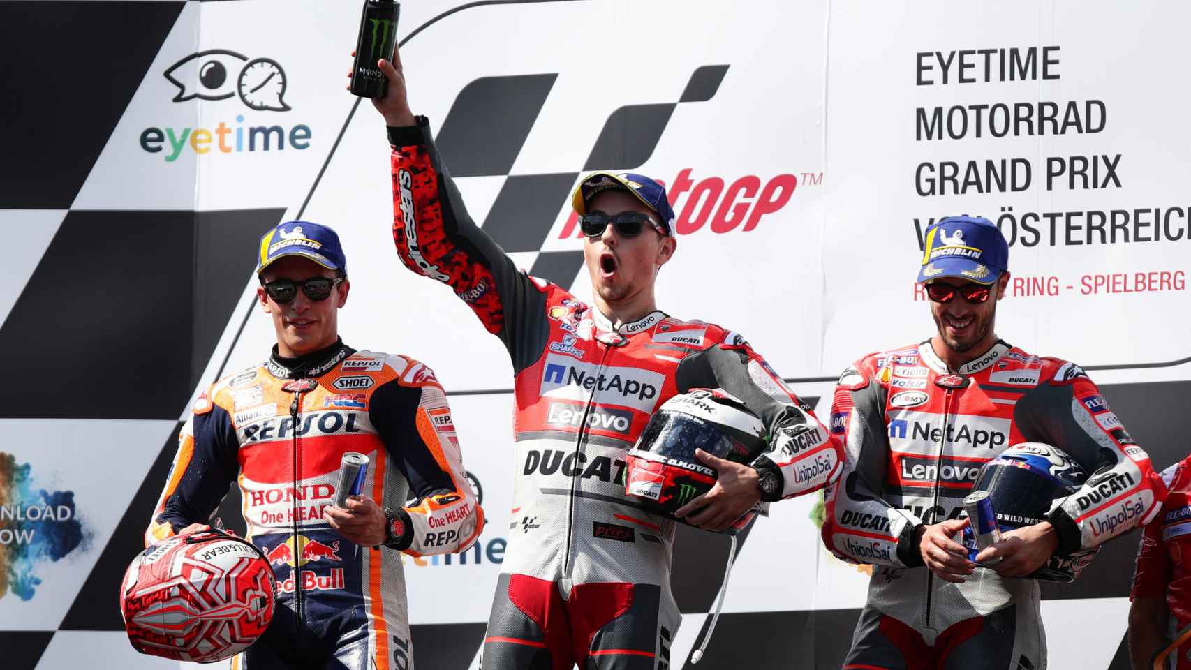 Jorge Lorenzo, Marc Márquez y Andrea Dovizioso, en el Gran Premio de Austria de MotoGP