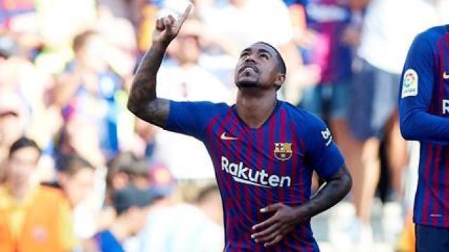 Malcom celebra un gol con el Barcelona