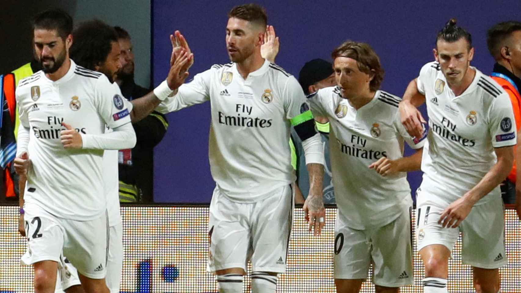 El Real Madrid celebra un gol en la Supercopa de Europa