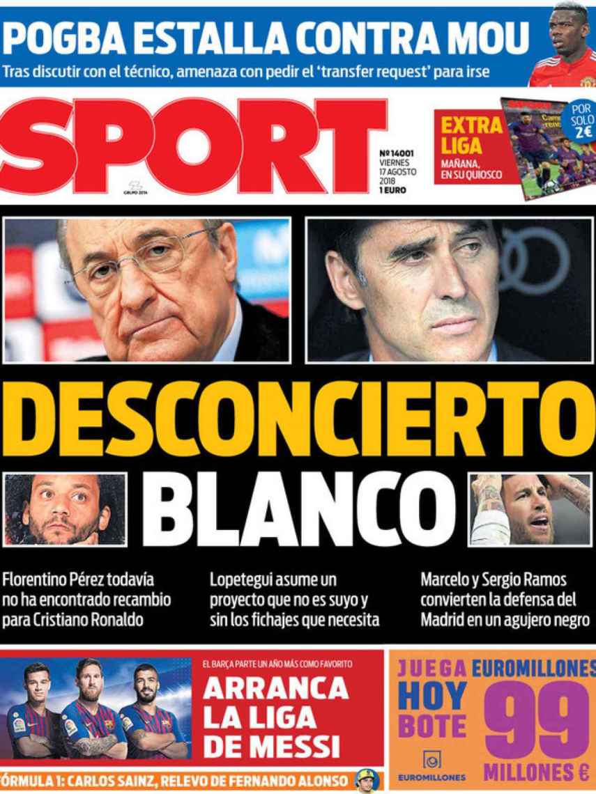 La portada del diario Sport (17/08/2018)