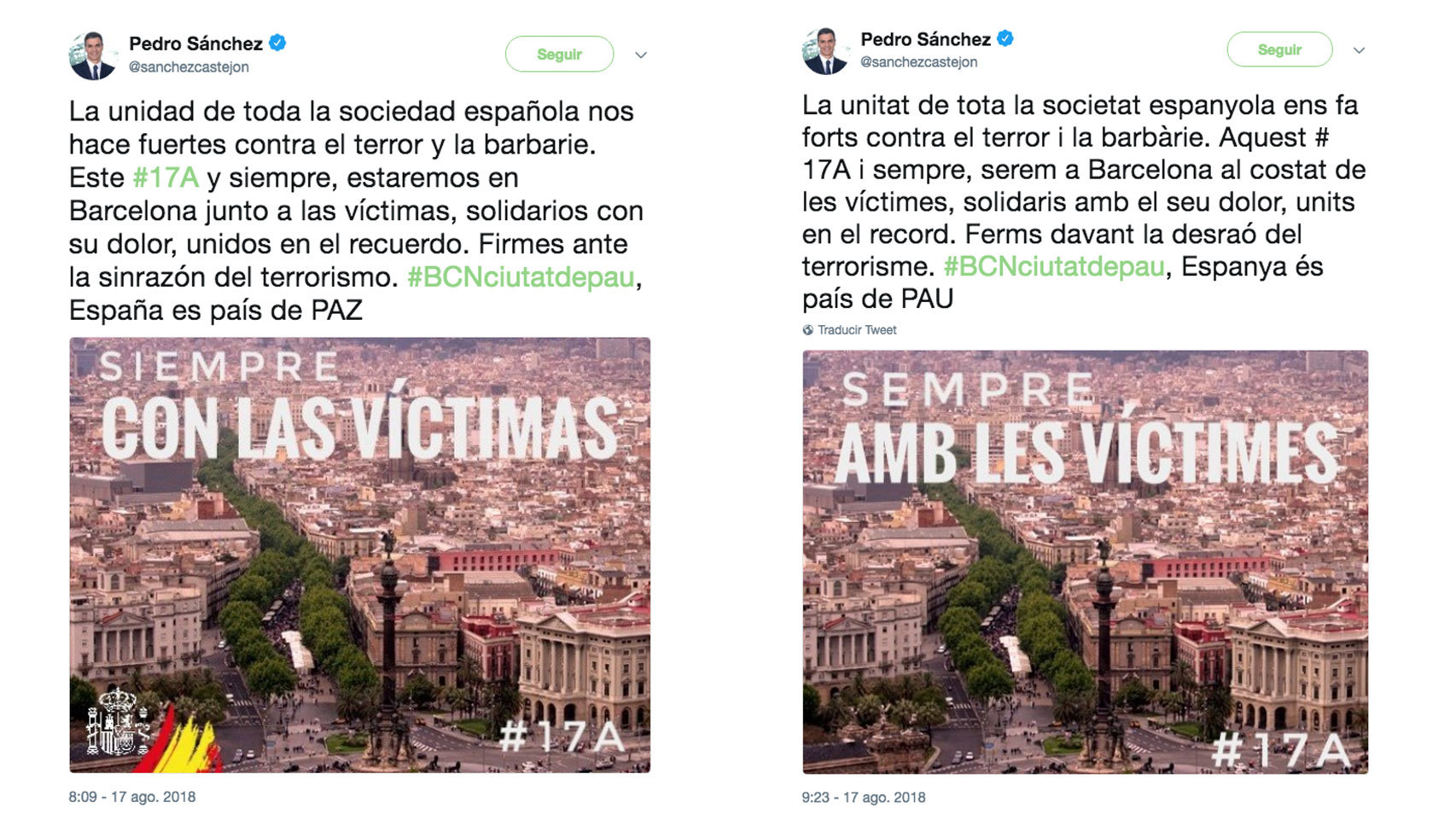 Los dos tuits de Pedro Sánchez.