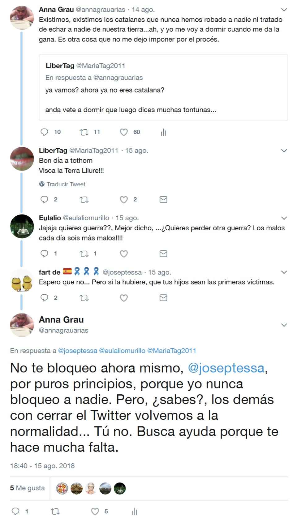 Captura de pantalla del Twitter de Anna Grau y de algunas de las respuestas de sus troles.