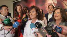 Carmen Calvo durante su intervención ante los medios este domingo.