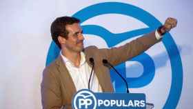 El presidente del PP, Pablo Casado, durante una rueda de prensa en Menorca.