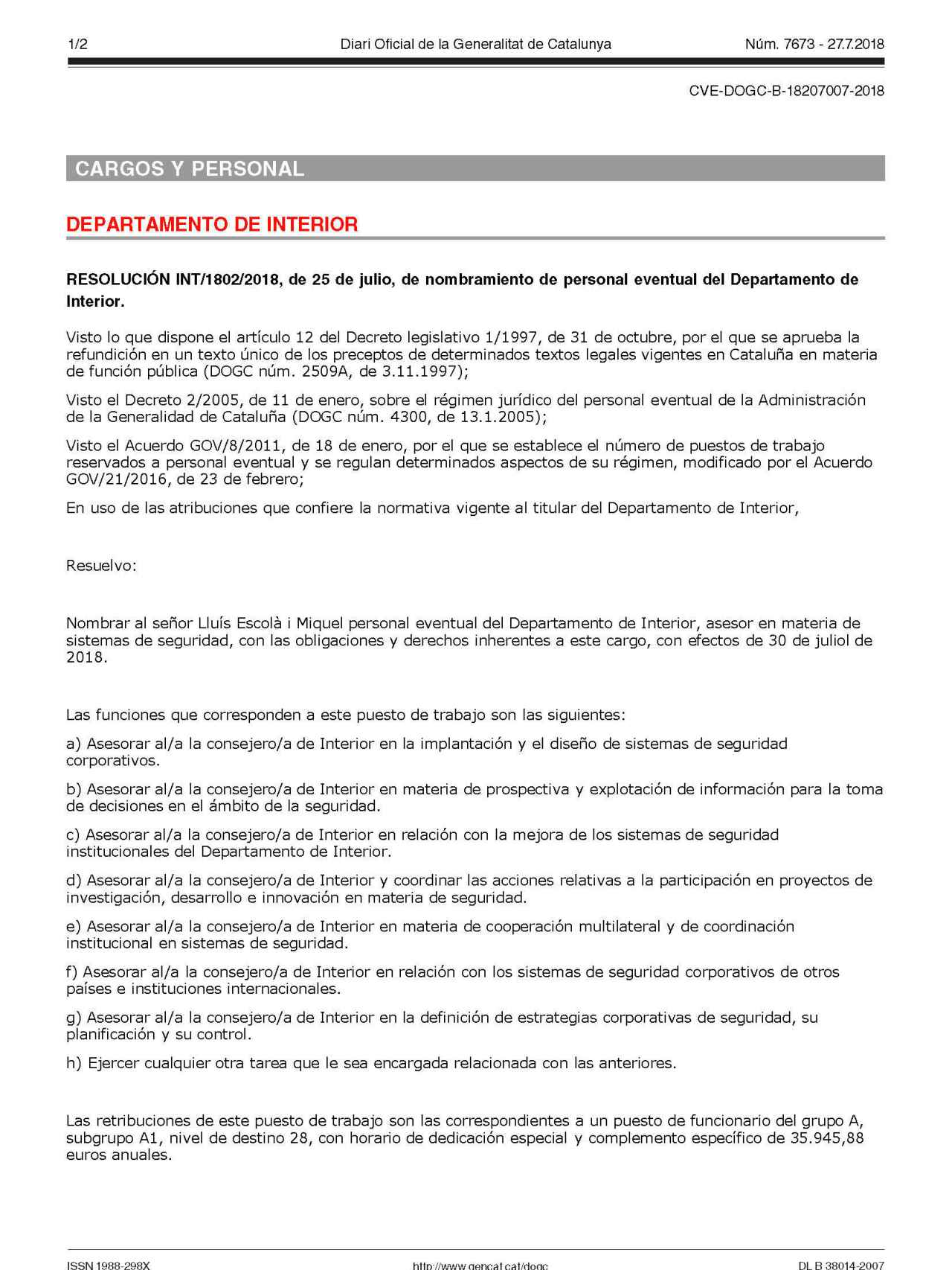 Página del DOGC en la que se detalla la contratación como asesor de Lluís Escolà, sus funciones y su remuneración.