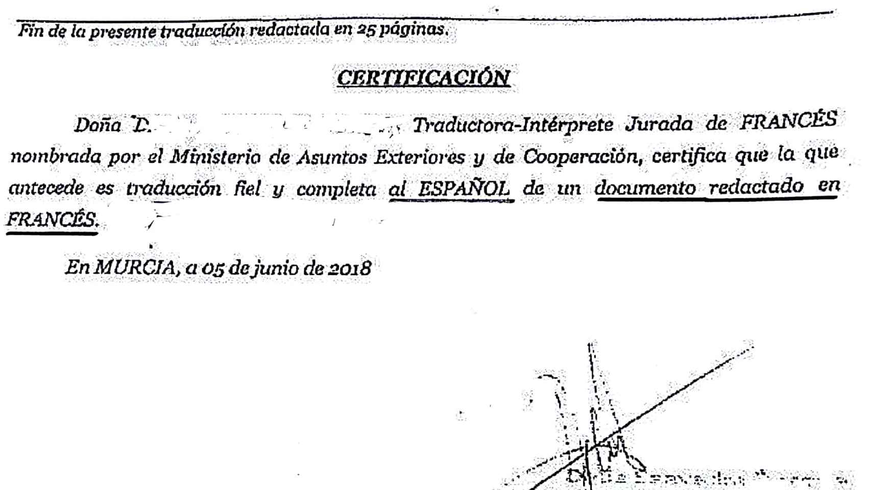 Firma de la traductora de la demanda de Puigdemont al español.