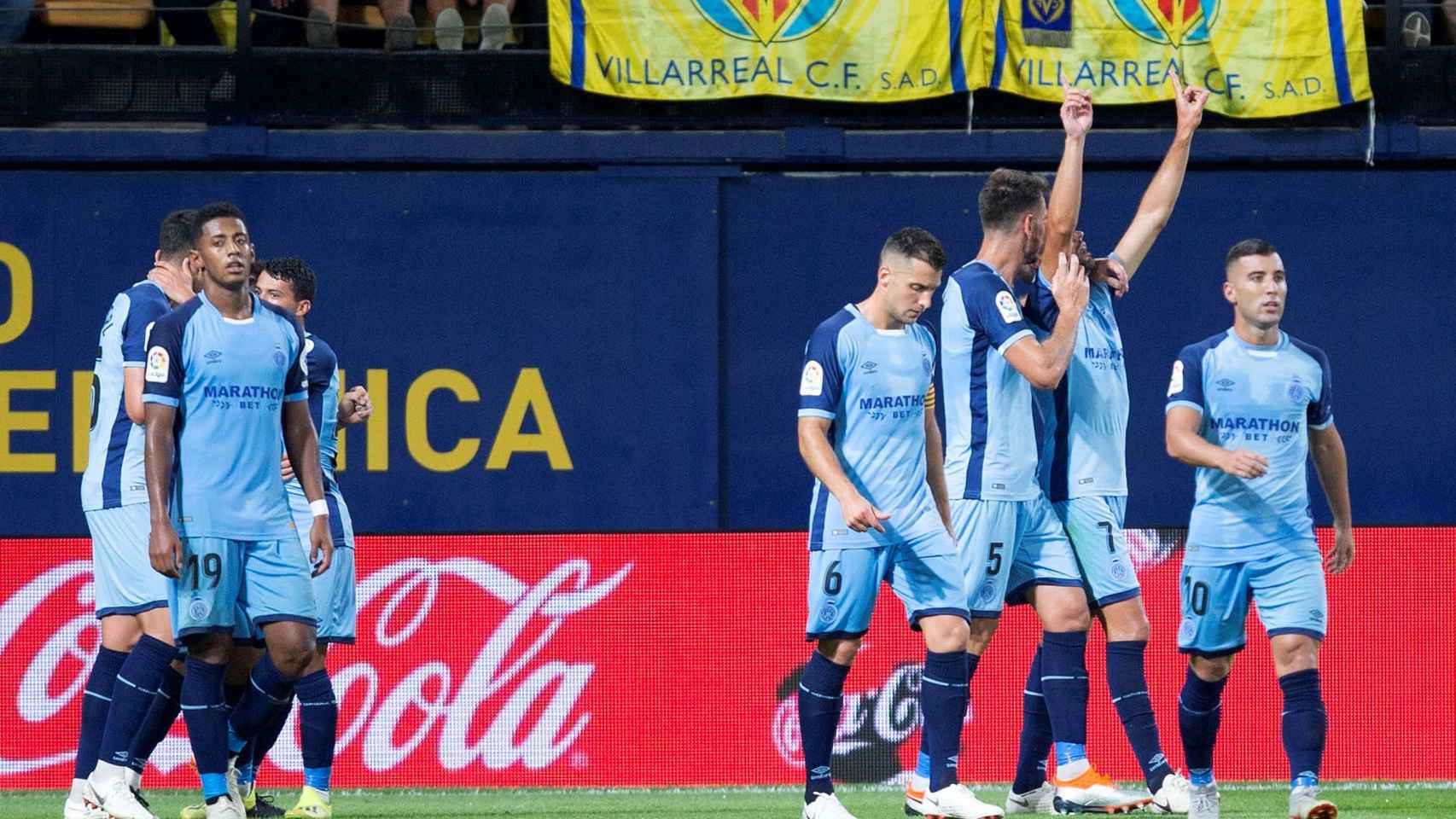 Los jugadores del Girona celebran el gol de Stuani ante el Villarreal