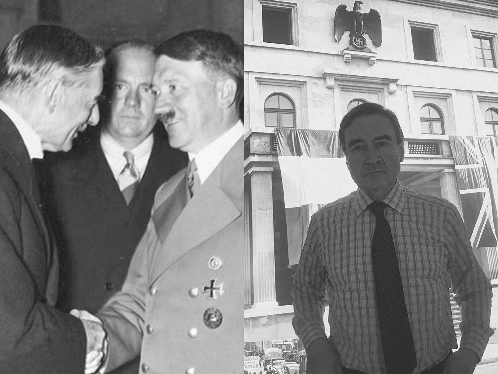 Chamberlain saluda a Hitler en presencia del intérprete. El director de EL ESPAÑOL en la Führerbau en la que se produjo el encuentro