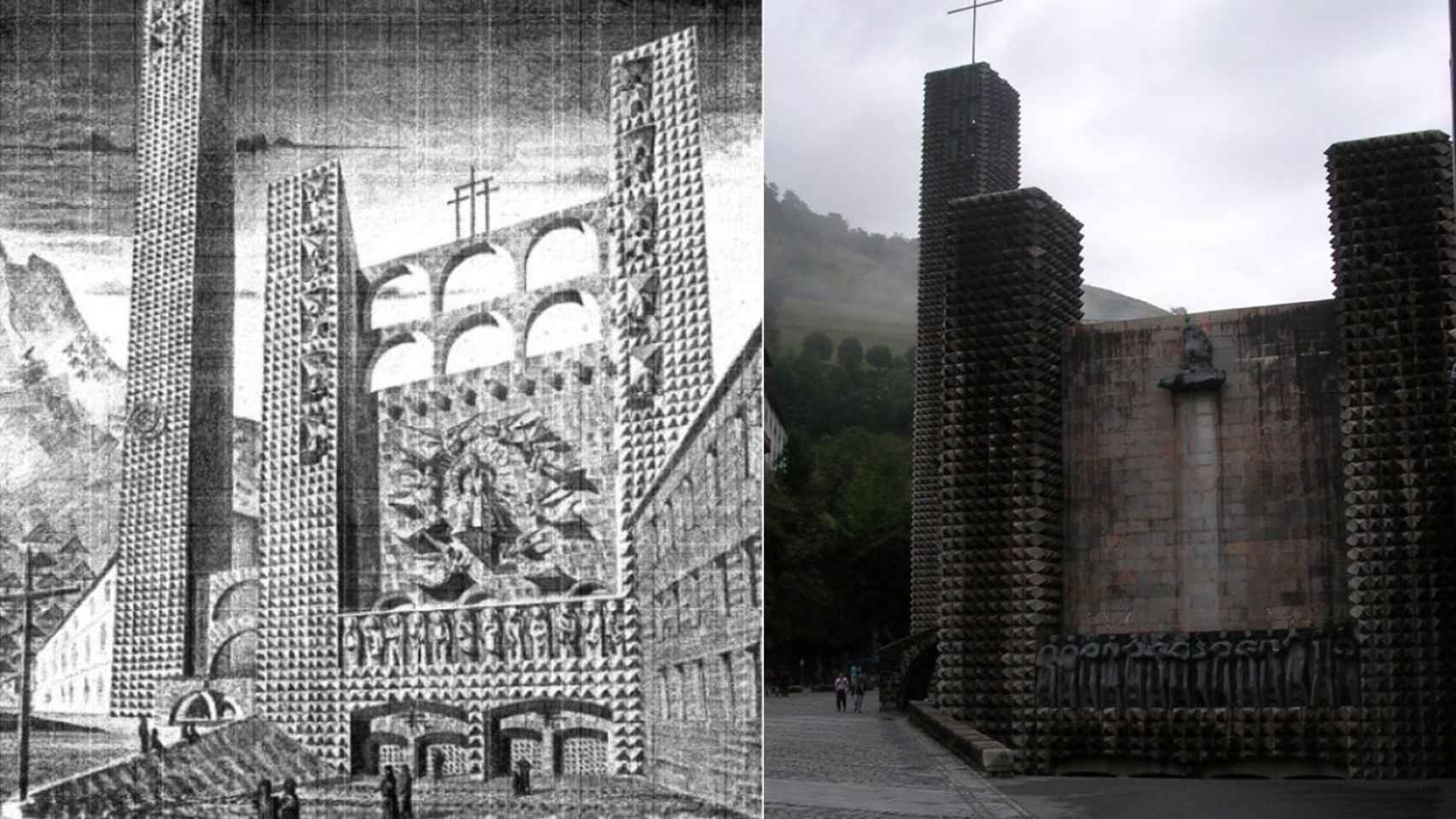 La fachada del concurso de Aránzazu a la izquierda, de tendencia clásica. A la derecha, la construida (con La piedad de Oteiza en la coronación el friso de 14 apóstoles sobre las puertas de Chillida).