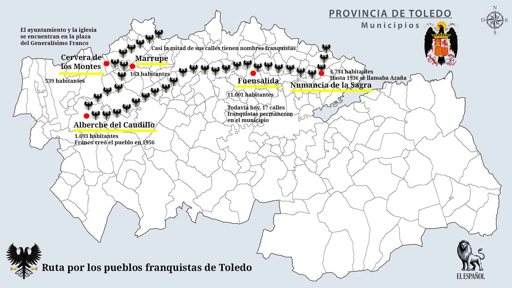 Mapa de algunos de los pueblos que no cumplen la Ley de Memoria Histórica en la provincia de Toledo.