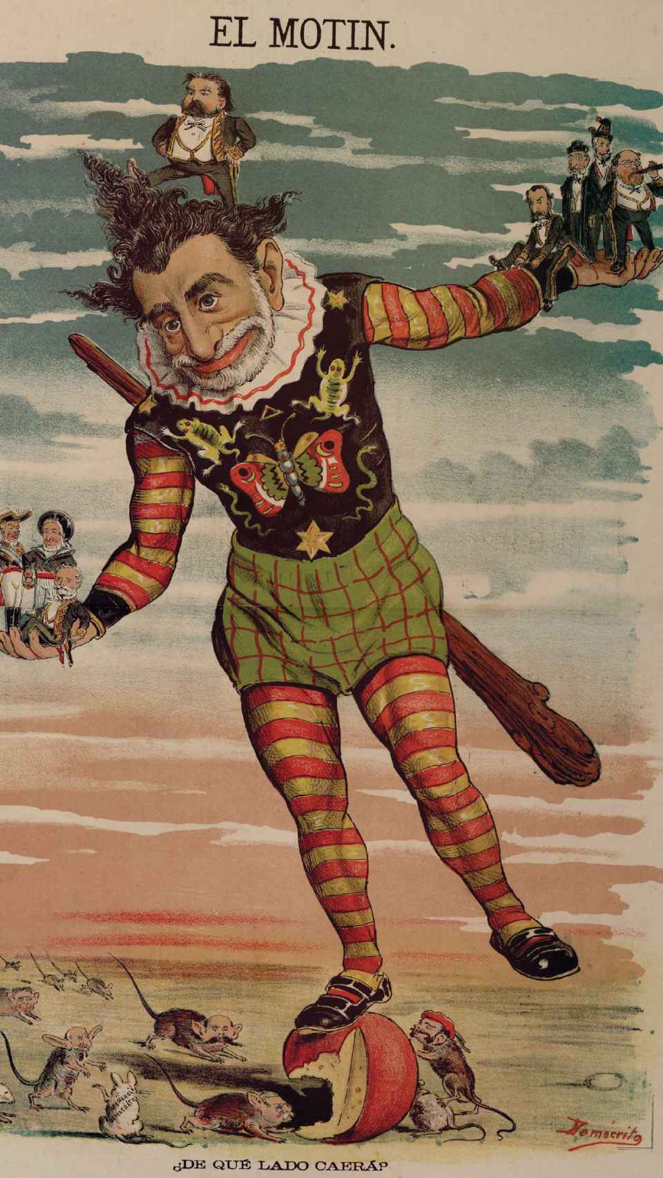 ¿De qué lado caerá?, caricatura publicada en 1881 en las páginas centrales del semanario satírico El Motín y obra de Eduardo Sojo, 'Demócrito'.