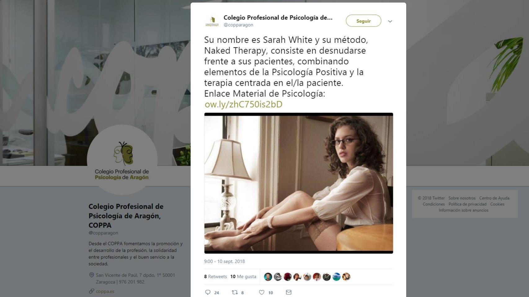 El tuit sobre la pseudoterapia que publicó el colegio profesional en sus redes.