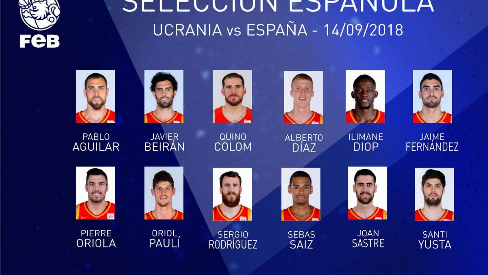Los doce convocados de España para el partido ante Ucrania. Foto: Twitter (@baloncestofeb)