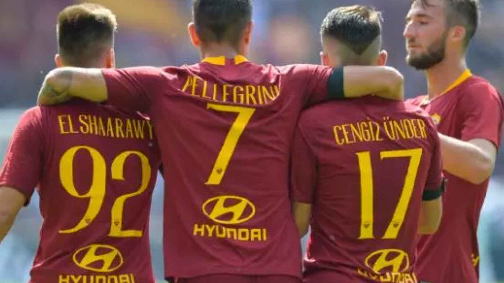 El Shaarawy, Pellegrini y Cengiz Ünder celebran un gol ante el Chievo. Foto: asroma.it