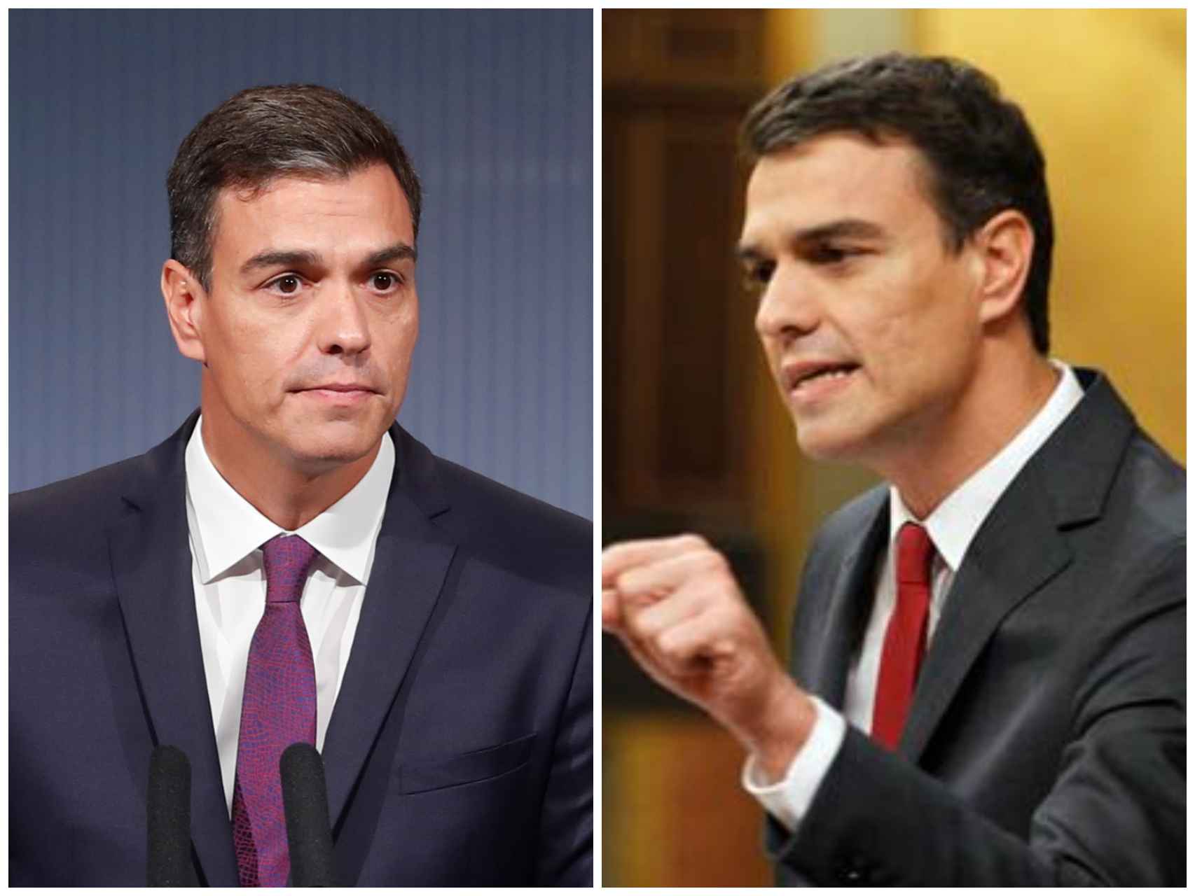 Pedro Sánchez a la izquierda en su último acto público. A la derecha, el día de la moción de censura.
