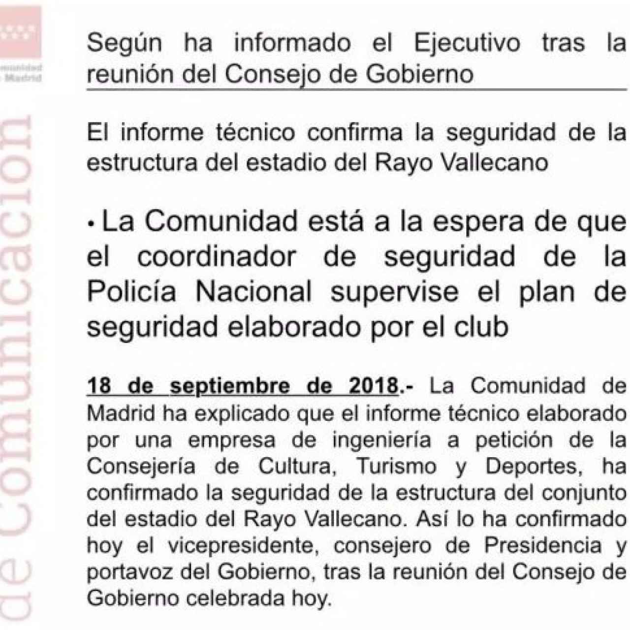 Comunicado emitido por la Comunidad de Madrid.