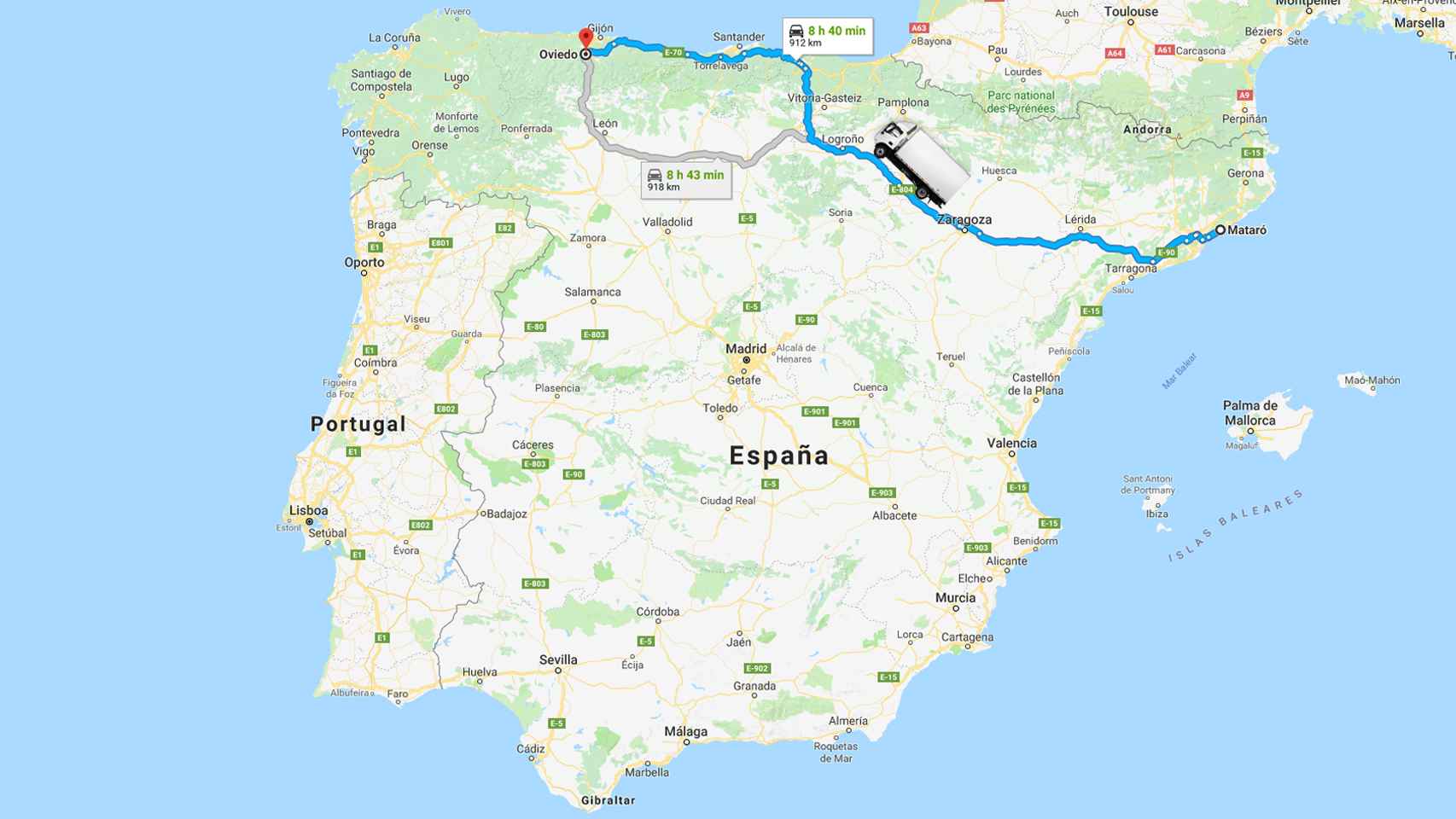 Mapa y distancia dese Mataró a Oviedo.