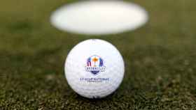 FILE PHOTO: An illustration photo shows a golf ball with the Ryder Cup logo at France's Golf National where the Ryder Cup 2018 tournament will be held at Saint-Quentin-en-Yvelines, France