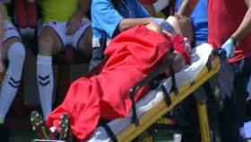 Xisco Campos, trasladado a un hospital por un fuerte golpe en la cabeza. Foto: @FJPascual1