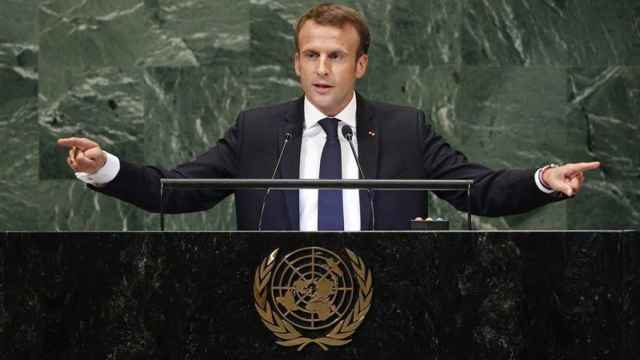 El presidente francés Emmanuel Macron pronuncia su discurso en Nueva York.