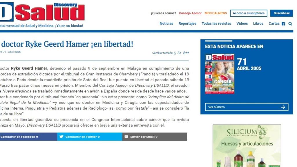 La revista, celebrando en una noticia la puesta en libertad de un hombre condenado en varios países y expulsado del mundo de la medicina. Se trata de Hamer.