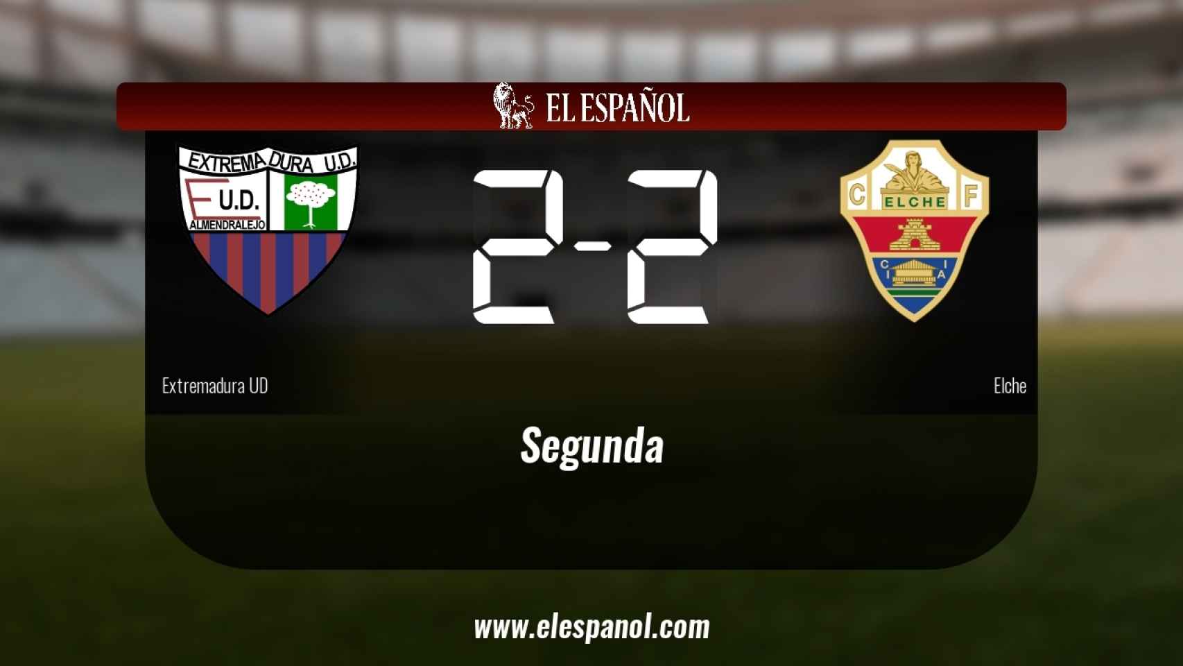Reparto de puntos entre el Extremadura UD y el Elche, el marcador final fue 2-2