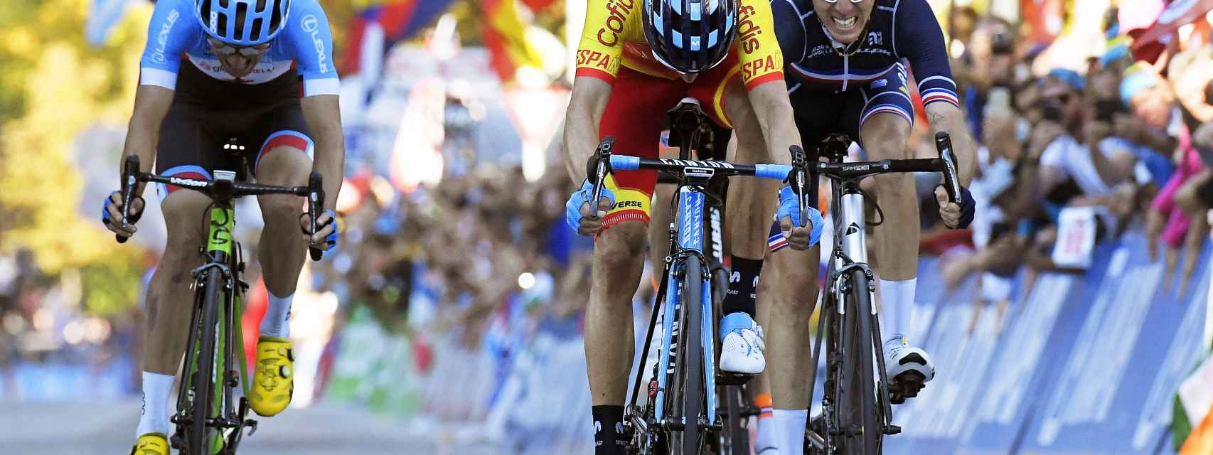 Alejando Valverde, en el sprint del Mundial de ciclismo en ruta 2018
