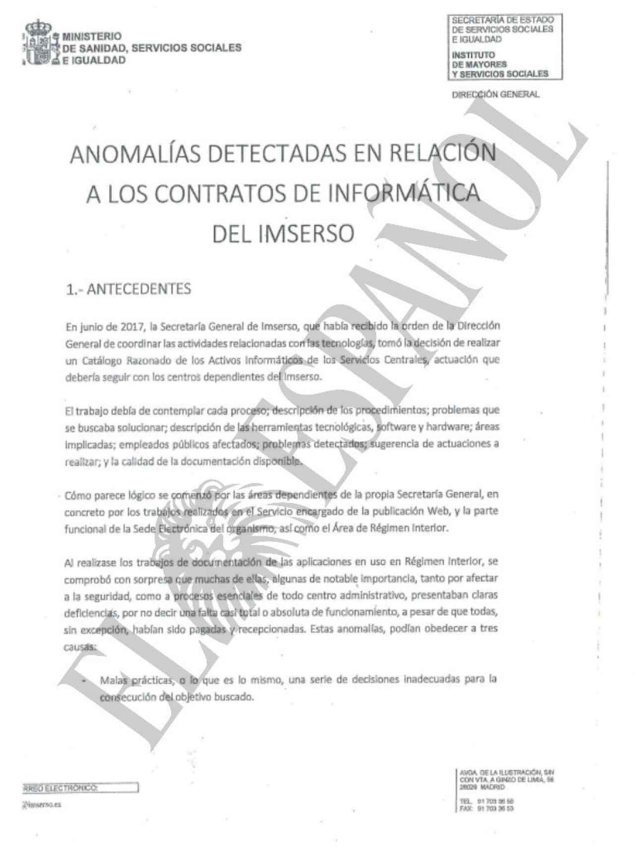 Primera página del informe sobre las presuntas irregularidades en los contratos del Imserso.
