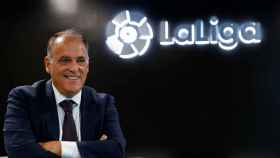 El presidente de La Liga Javier Tebas posa para la entrevista con Reuters