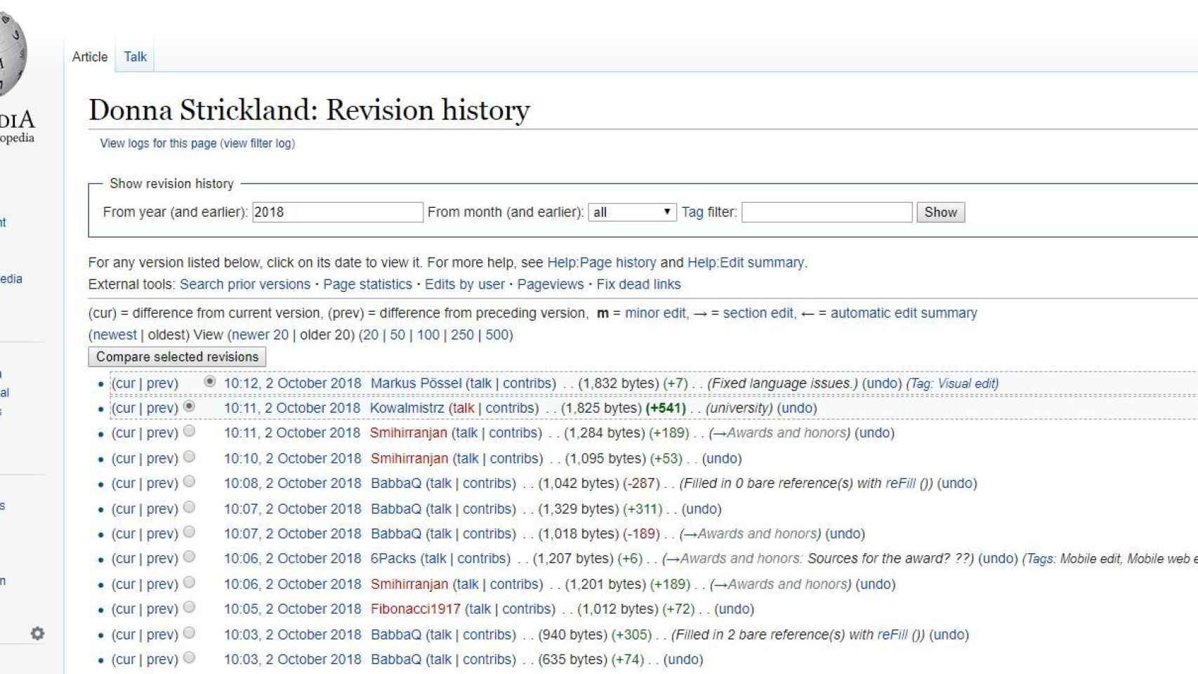 Registro de cambios en la página de Wikipedia de Donna Strickland