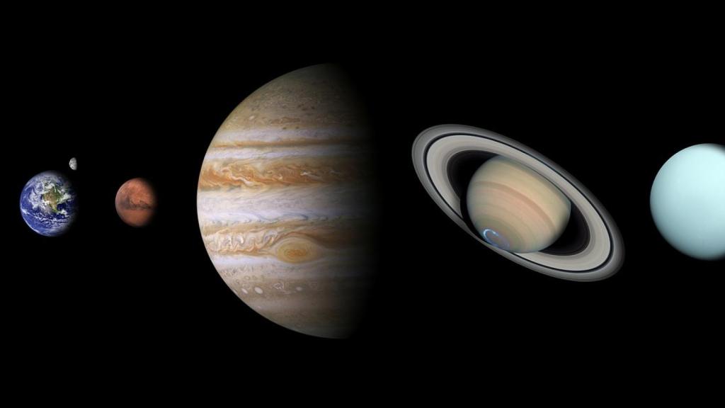 Montaje de los planetas y la Luna alrededor del Sol, sin Plutón.