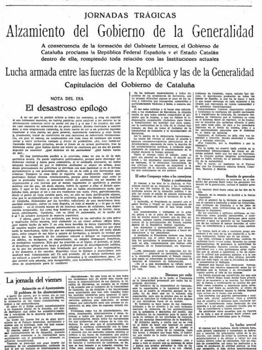 Portada de La Vanguardia del 9-O. Los sucesos del 'Sis d'Ocutbre' cerraron 3 días el periódico.
