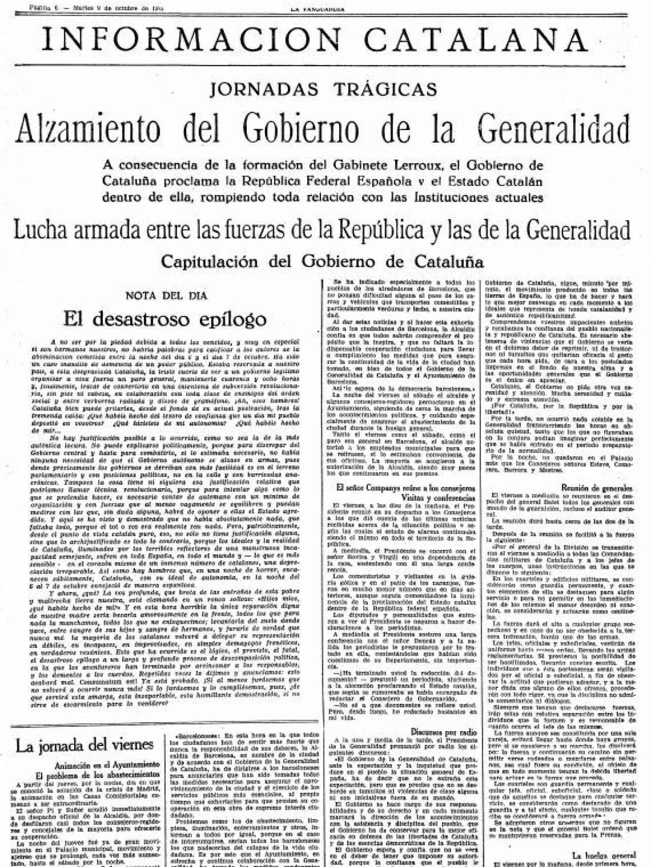 Portada de La Vanguardia del 9-O. Los sucesos del 'Sis d'Ocutbre' cerraron 3 días el periódico.