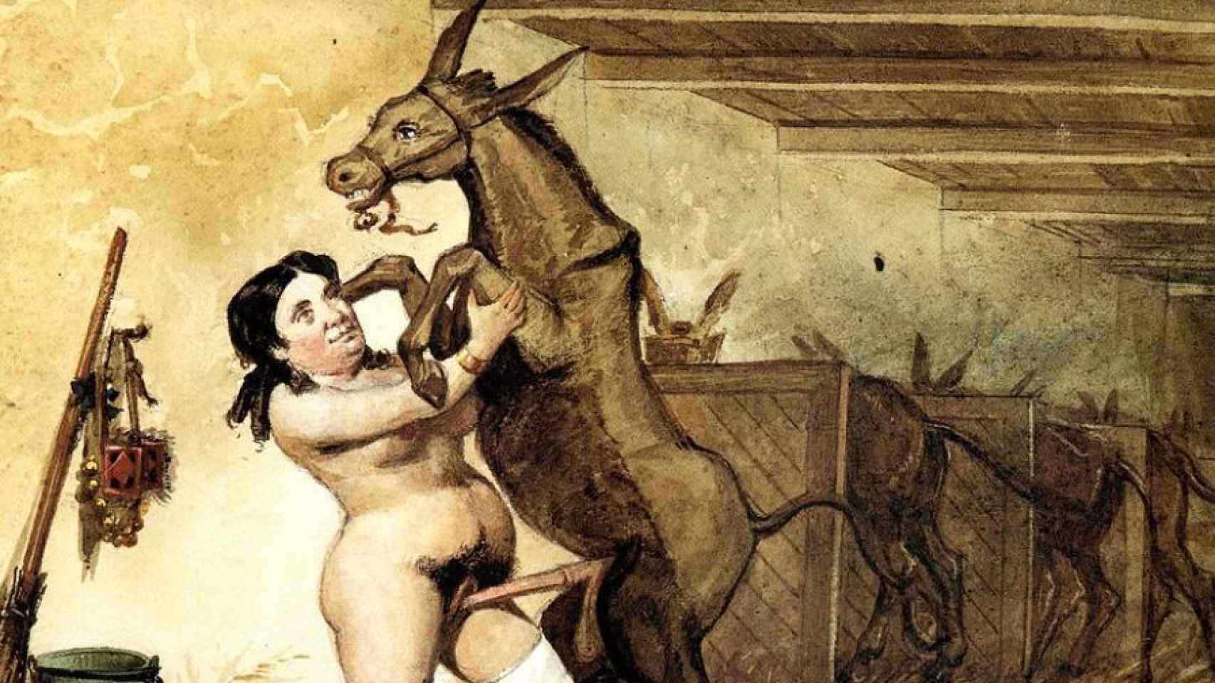 Una ilustración descarnada de 'Los Borbones en pelota', donde se ve a Isabel II copulando con un burro.