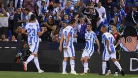 Los jugadores del Leganés celebran el gol ante el Rayo Vallecano