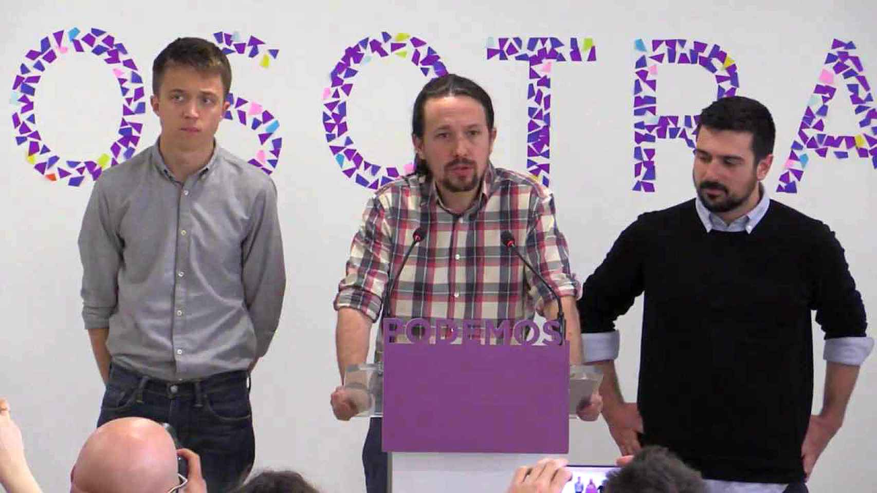 Íñigo Errejón, Pablo Iglesias y Ramón Espinar escenifican su pacto para pacificar Podemos Madrid.