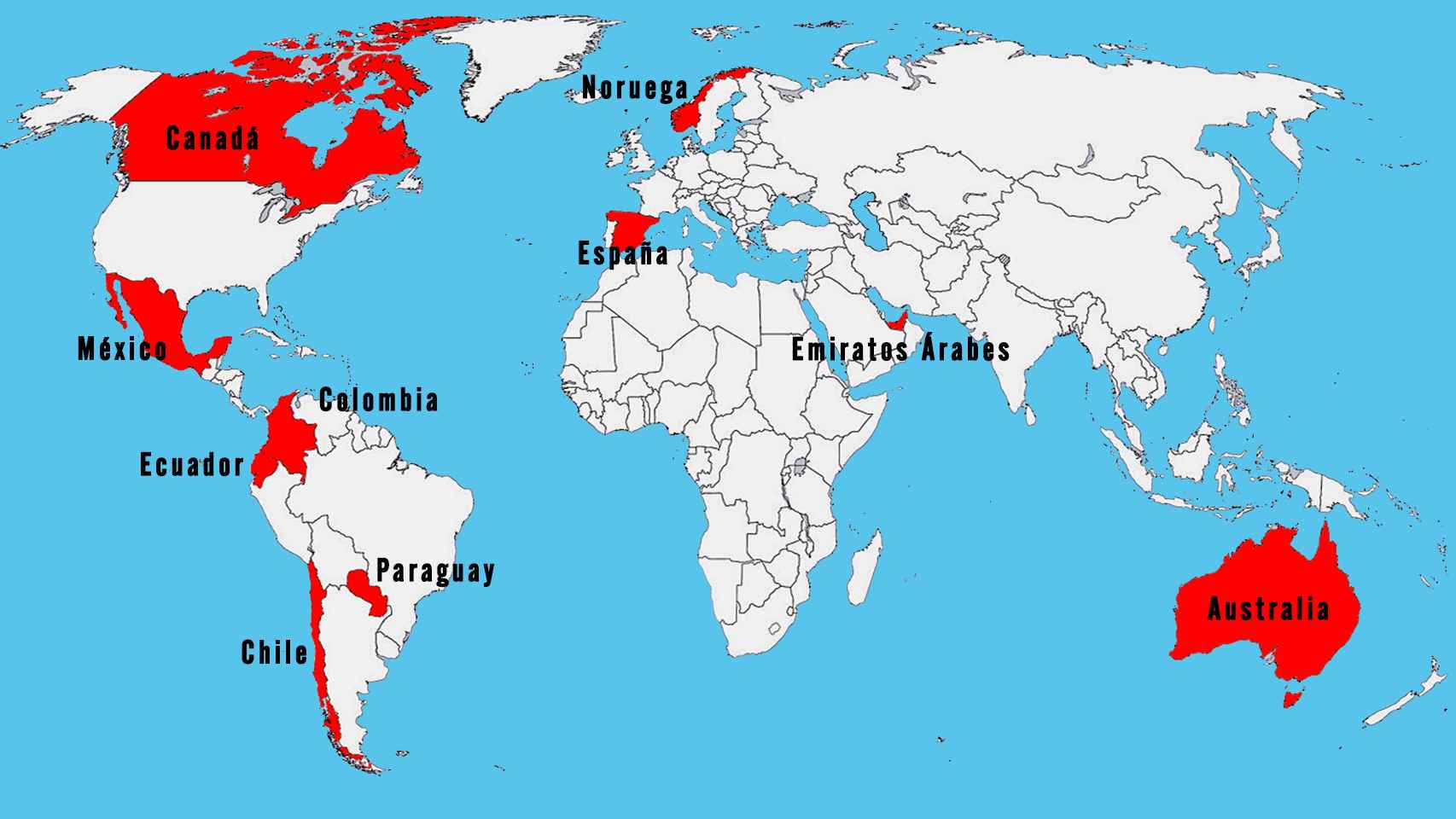 Principales países en los que ACCIONA desarrolla proyectos en la actualidad.