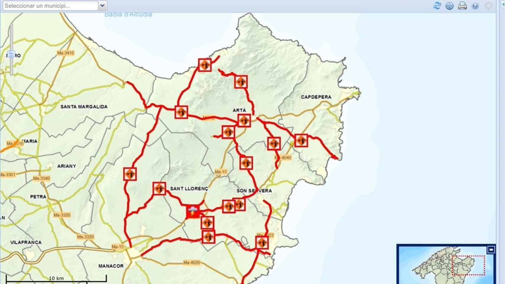 Carreteras cortadas en el Levante de Mallorca.