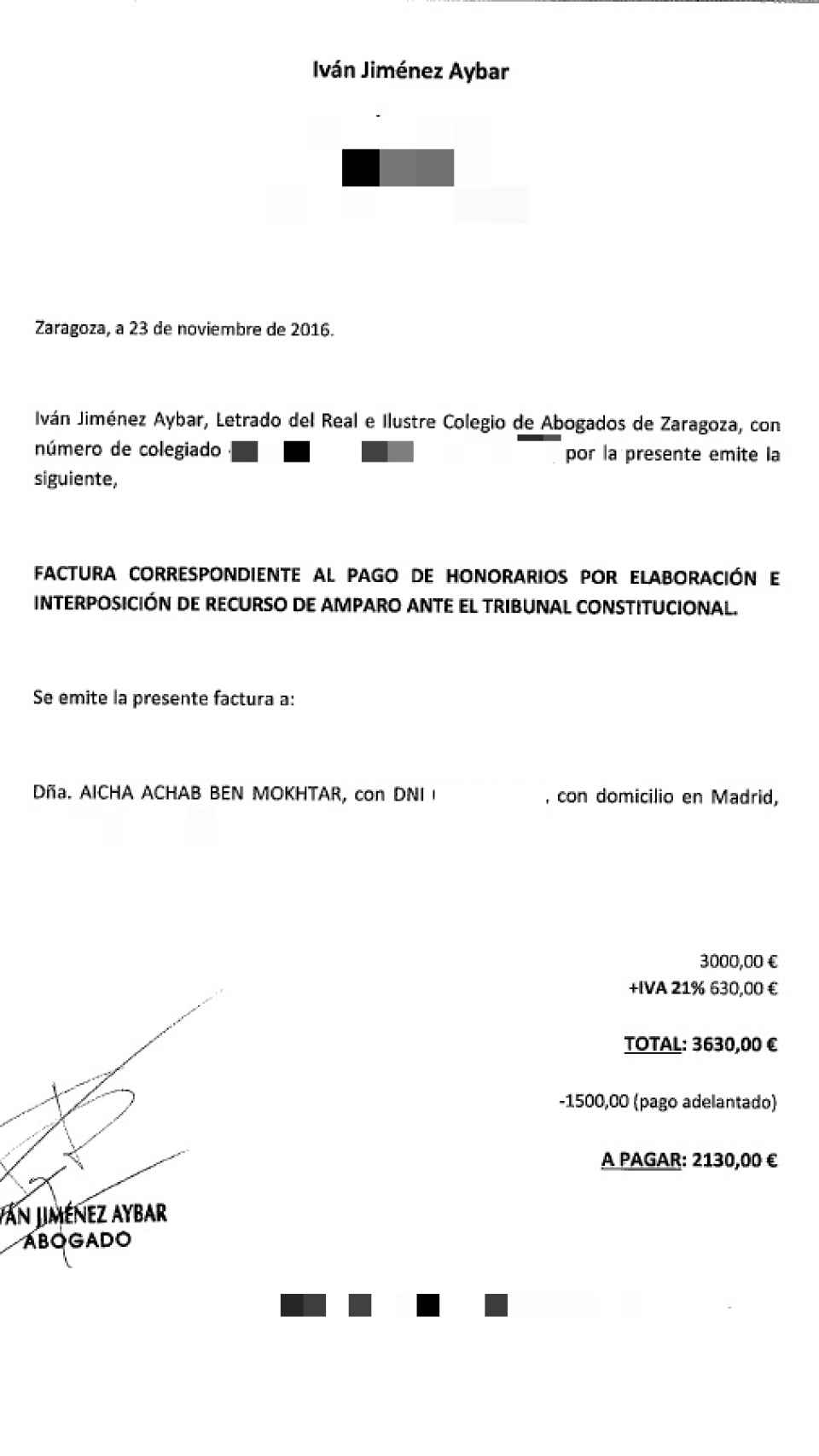 Factura del abogado Iván Jiménez Aybar por el recurso ante el Tribunal Europeo de Derechos Humanos.