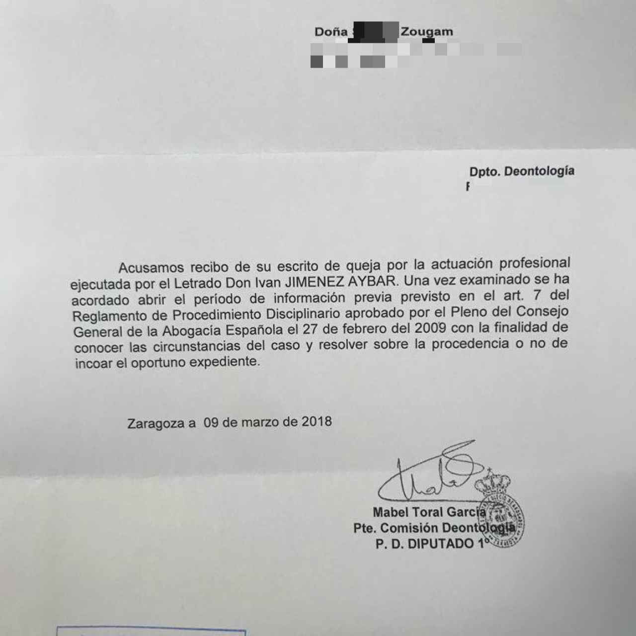 Documento del Colegio de Abogados de Zaragoza.