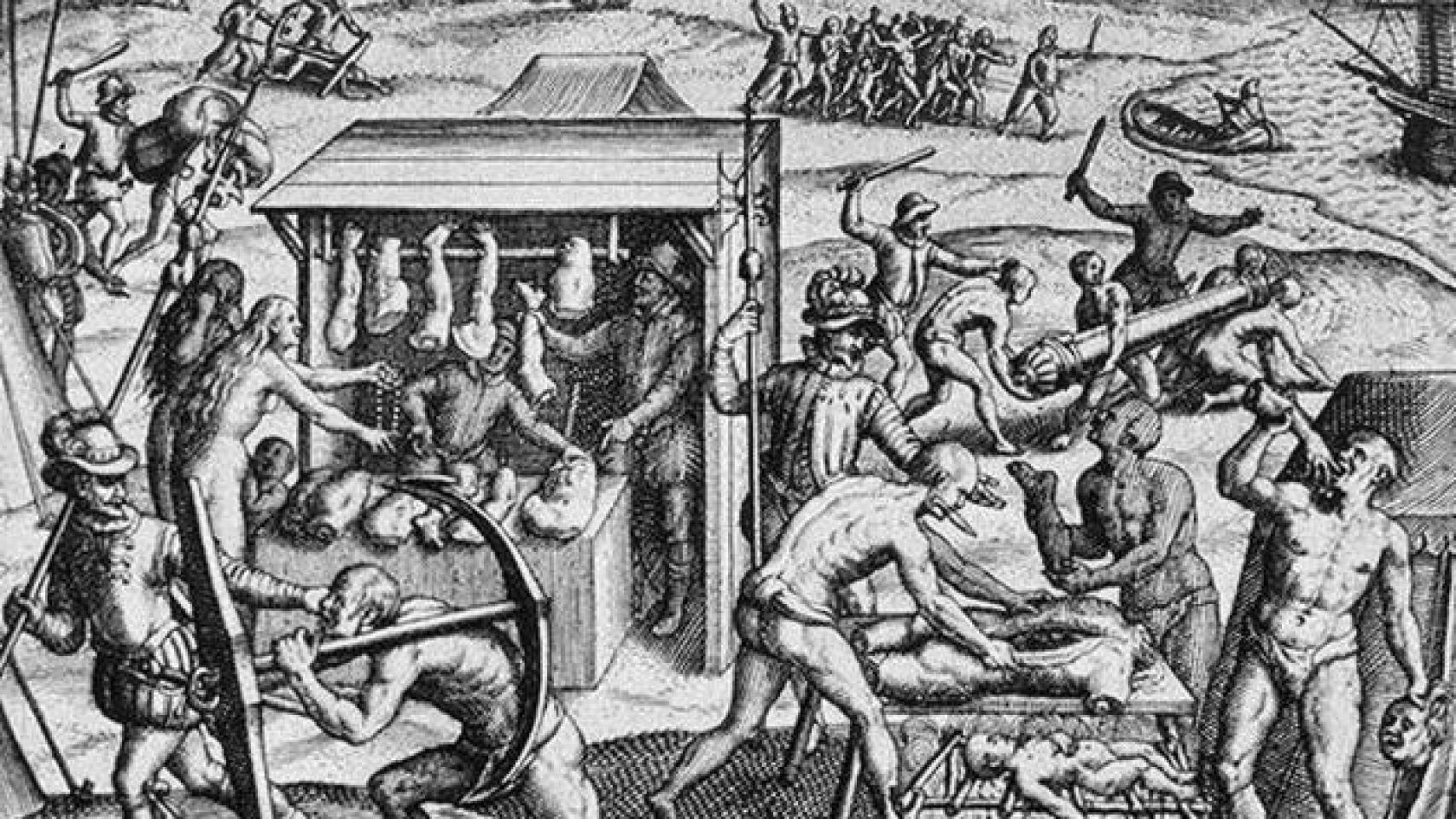 Grabado de las supuestas masacres de los españoles durante la conquista de América.