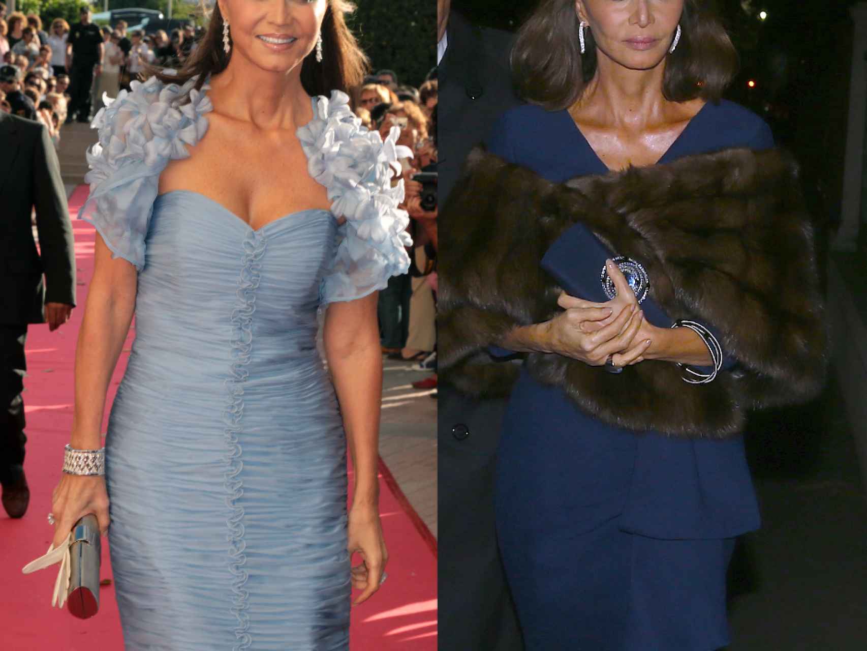 Isabel Preysler con dos opciones de vestido de cóctel azul.