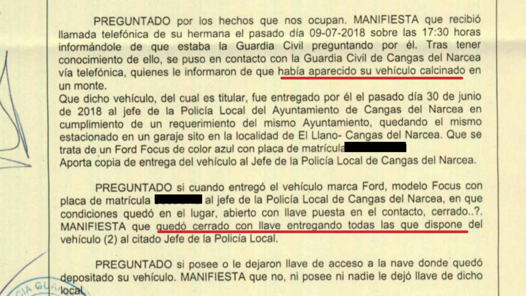 Denuncia interpuesta por José Manuel Martínez cuando hallaron calcinado su coche.