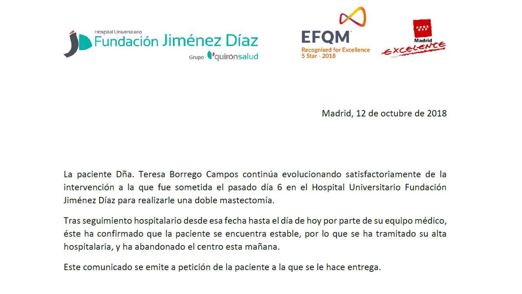 Comunicado emitido por la Fundación Jiménez Díaz.