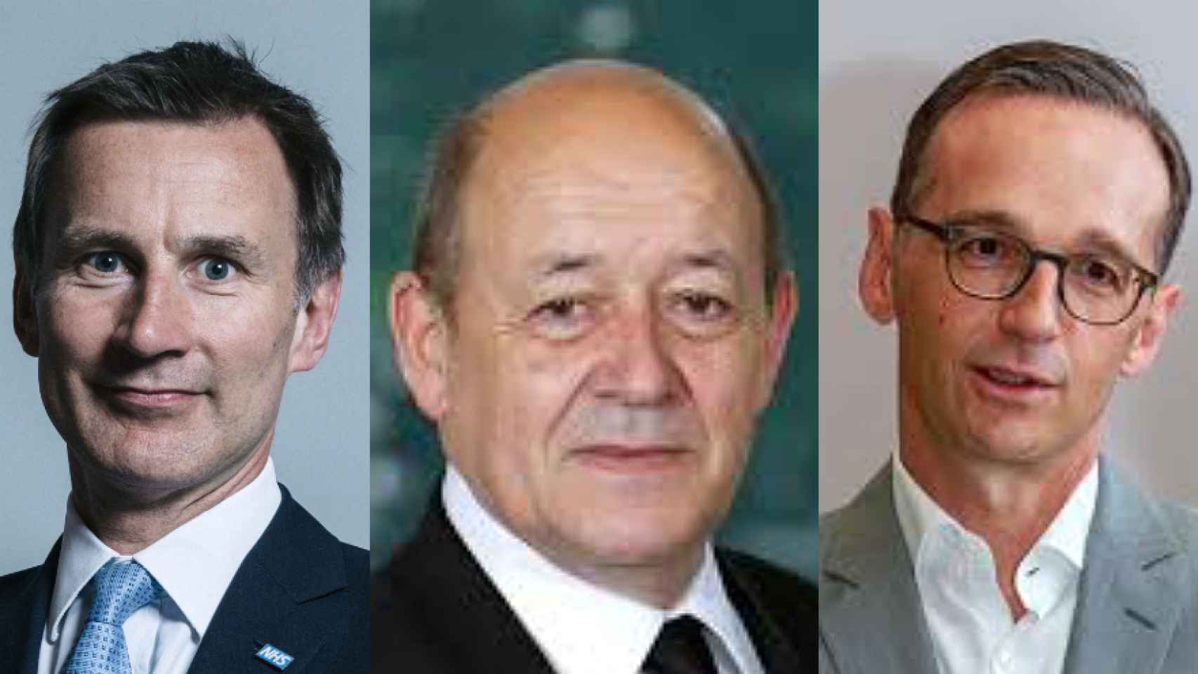 Los ministros de Exteriores de Reino Unido, Jeremy Hunt; Francia, Jean-Yves Le drian;  y Alemania, Heiko Mass.