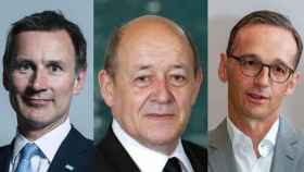 Los ministros de Exteriores de Reino Unido, Jeremy Hunt; Francia, Jean-Yves Le drian;  y Alemania, Heiko Mass.
