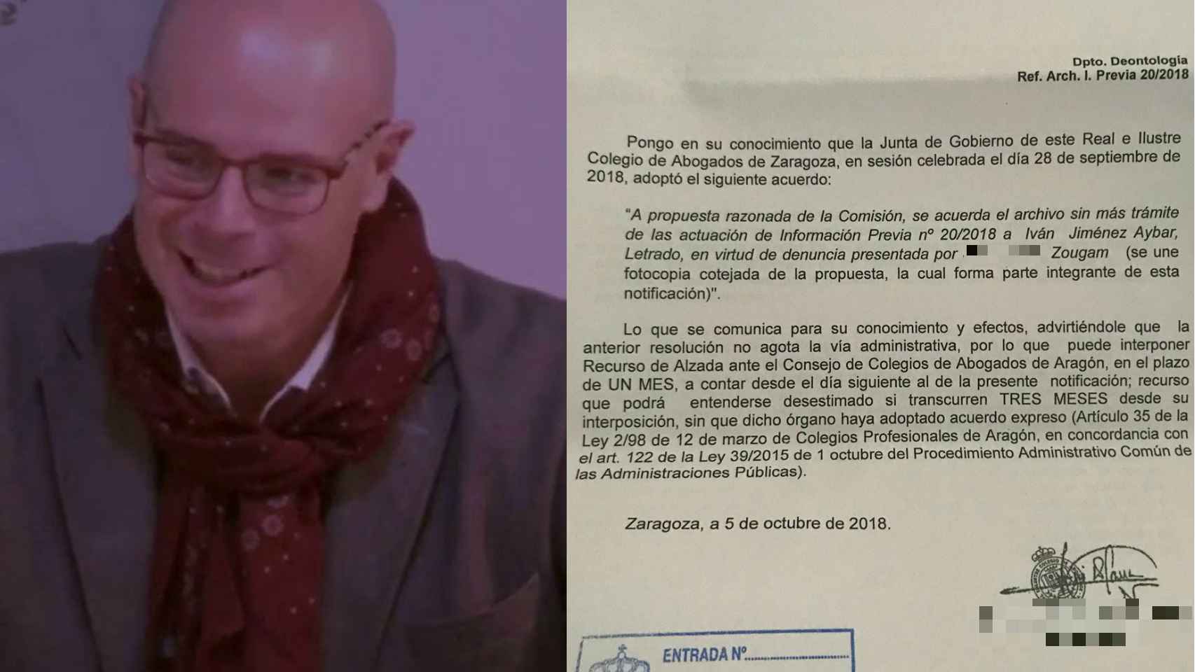 El abogado Iván Jiménez Aybar y el archivo de la investigación del Colegio de Abogados de Zaragoza.