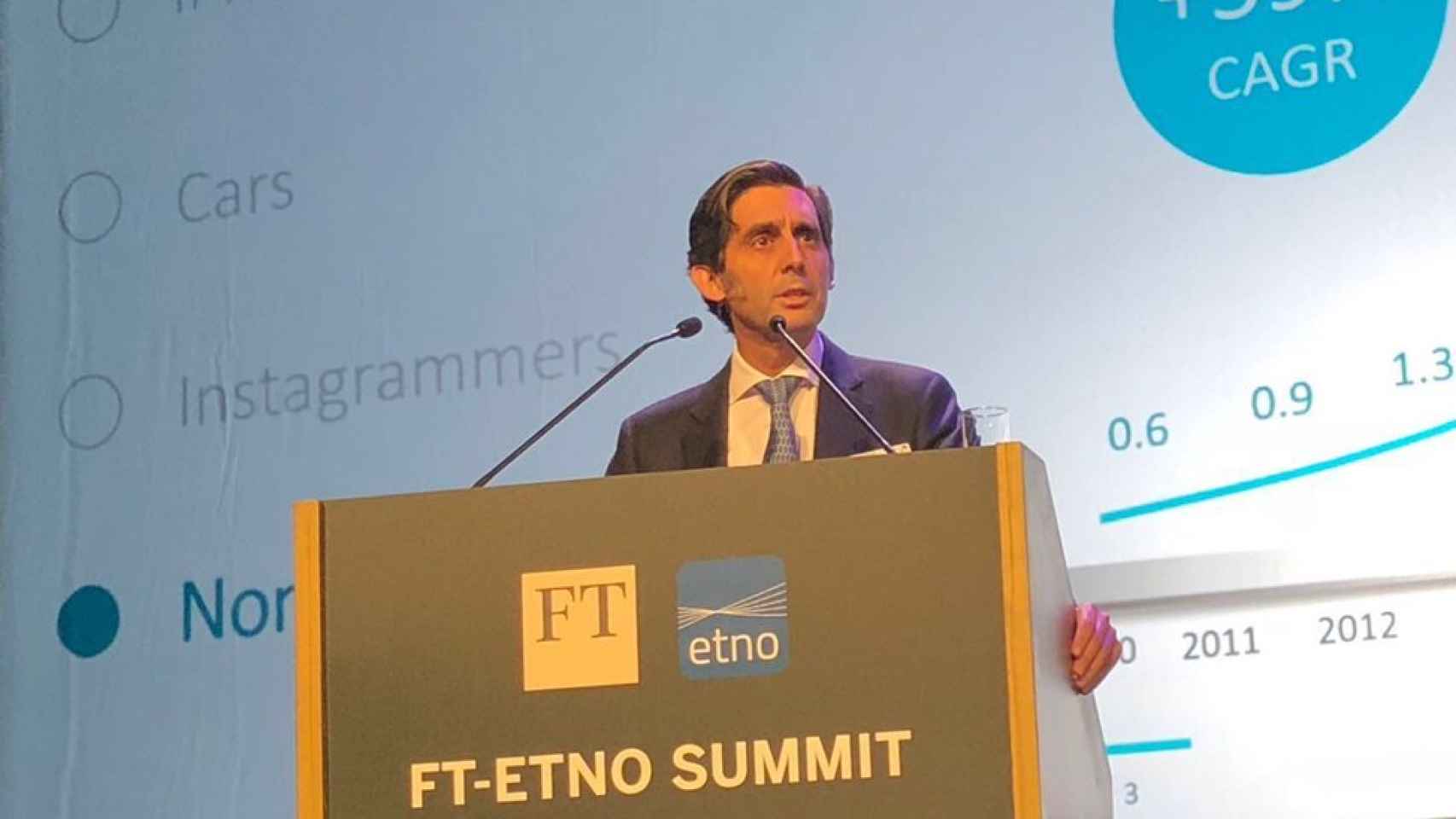 El presidente ejecutivo de Telefónica, José María Álvarez Pallete durante su intervención en el l FT-ETNO Summit 2018.