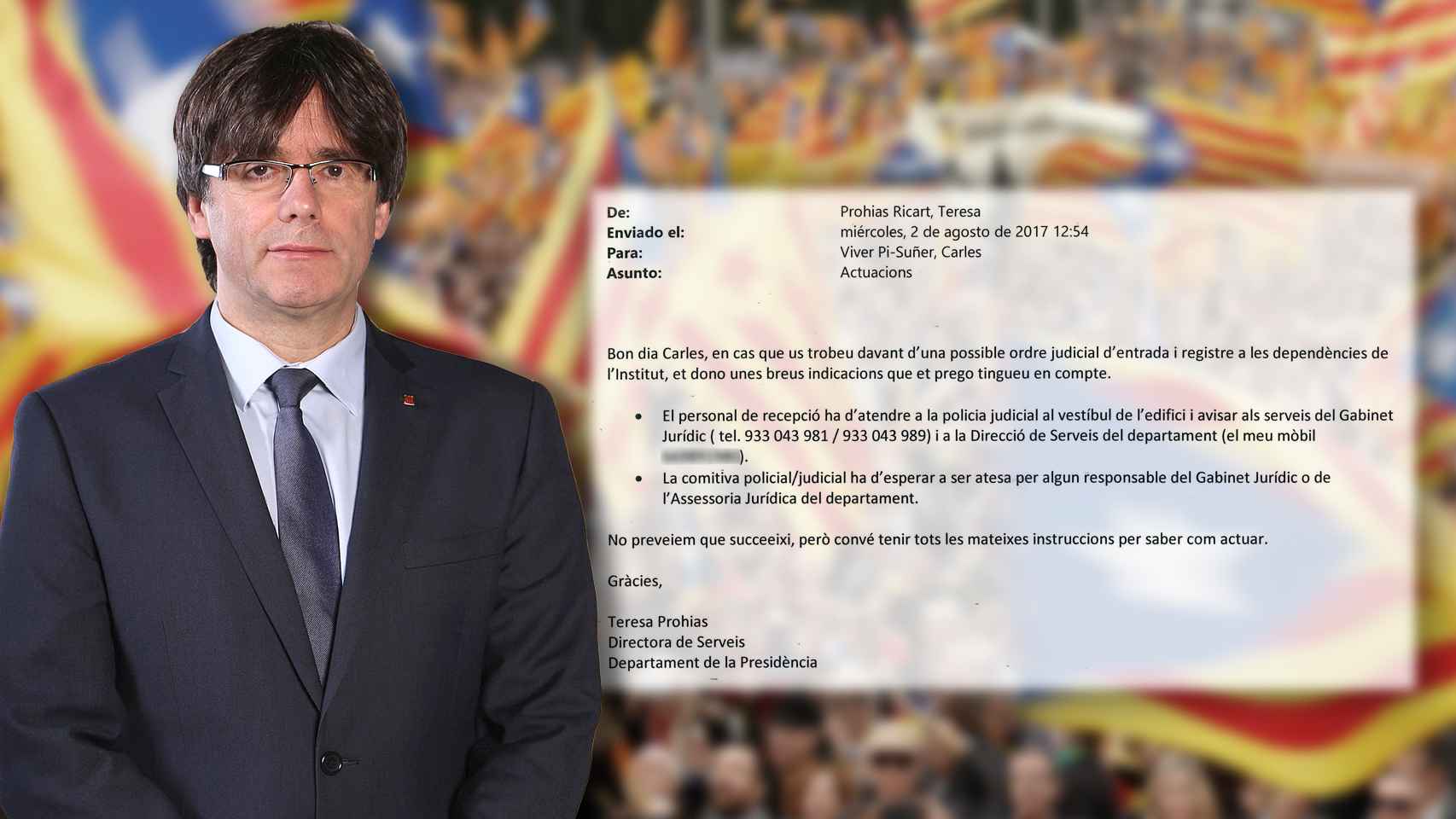 A la izquierda, el expresidente catalán Carles Puigdemont. A la derecha, el correo enviado desde Presidencia.